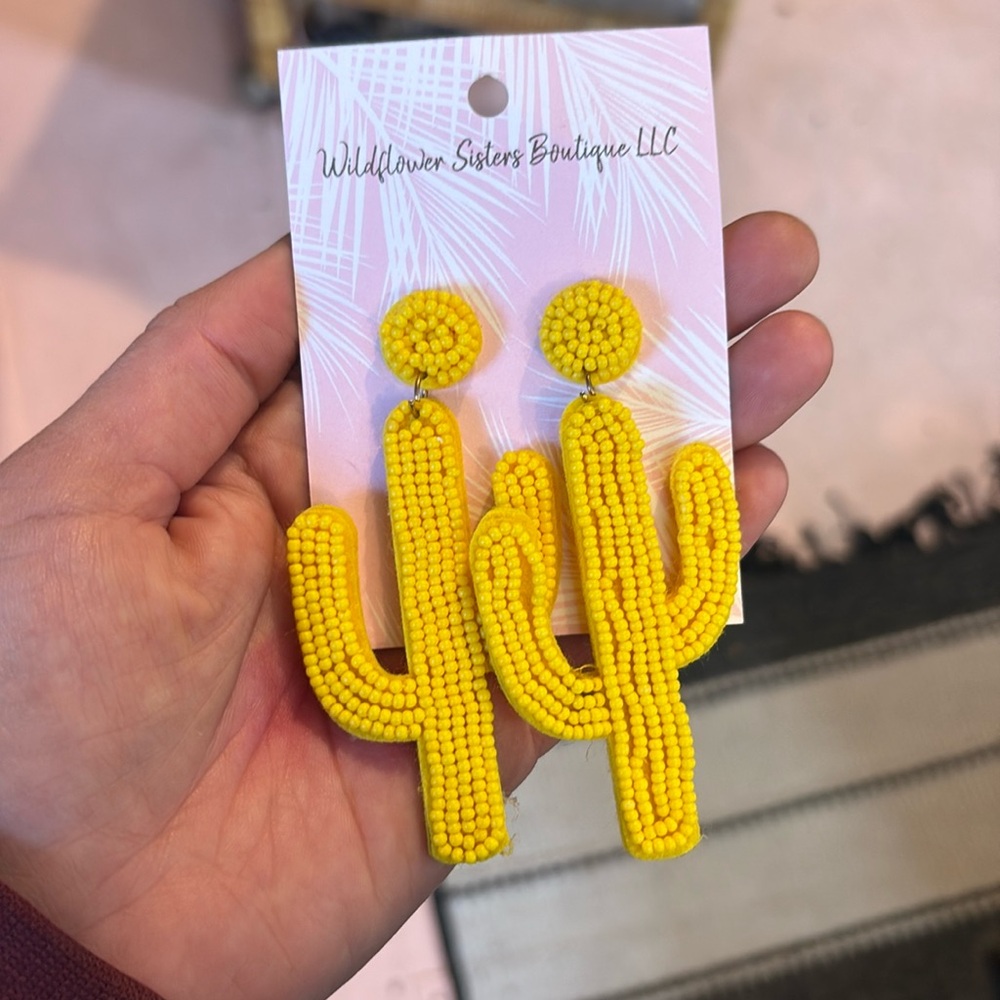 Yellow beaded cactus dangle earrings